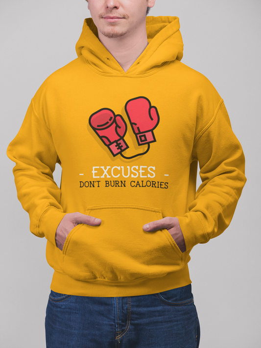 Excuses Dont Burn Calories Pure Cotton Unisex Mustard Yellow Hoodie | Tarun Kapoor Collection