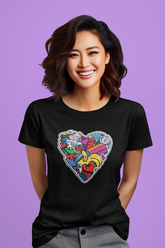 Heart Graffiti Black T-Shirt For Women