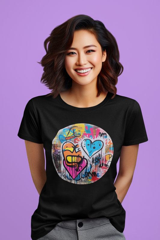 Colourful Hearts Graffiti Black T-Shirt For Women