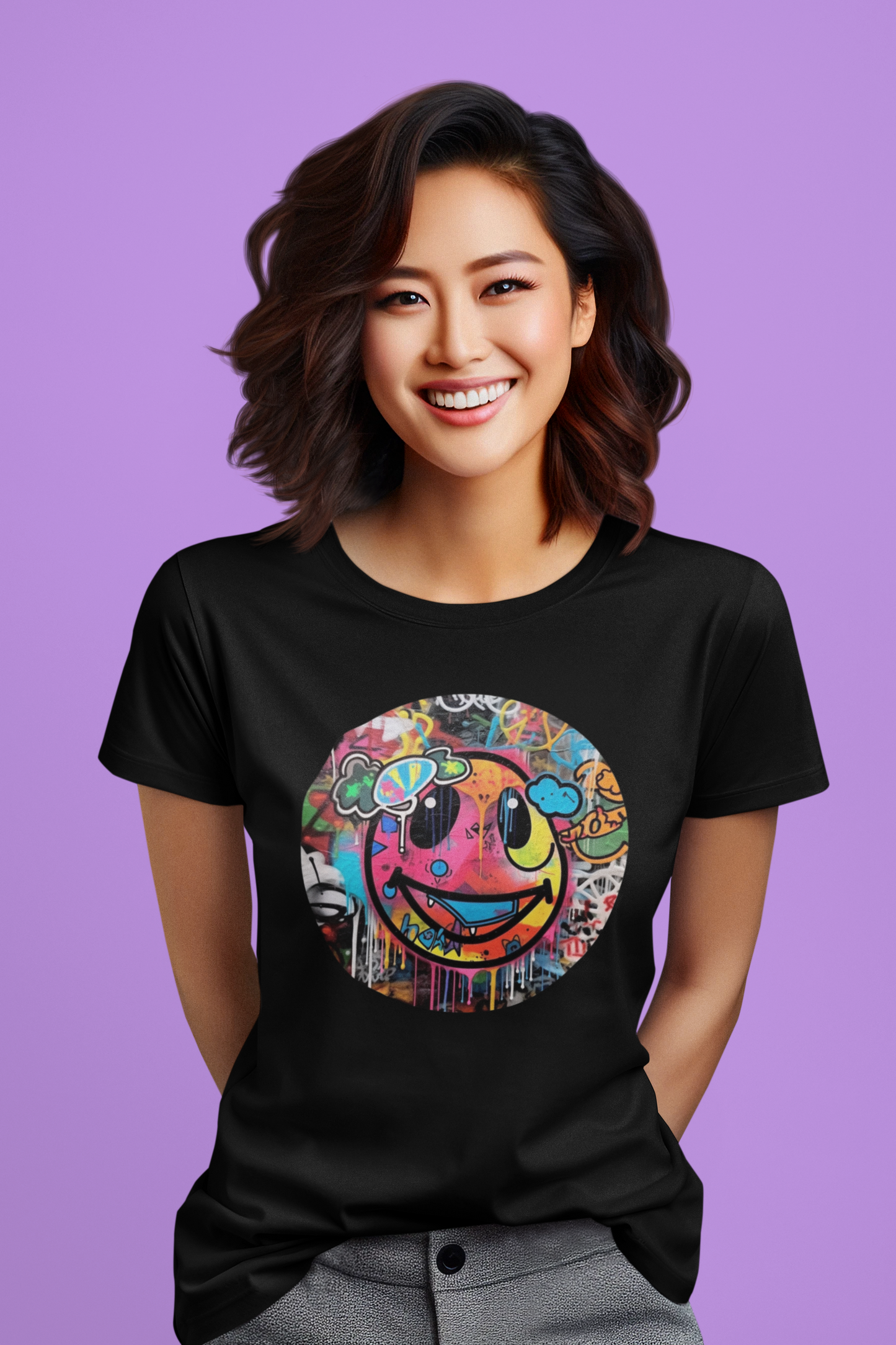 Colourful Smilie Graffiti Black T-Shirt For Women