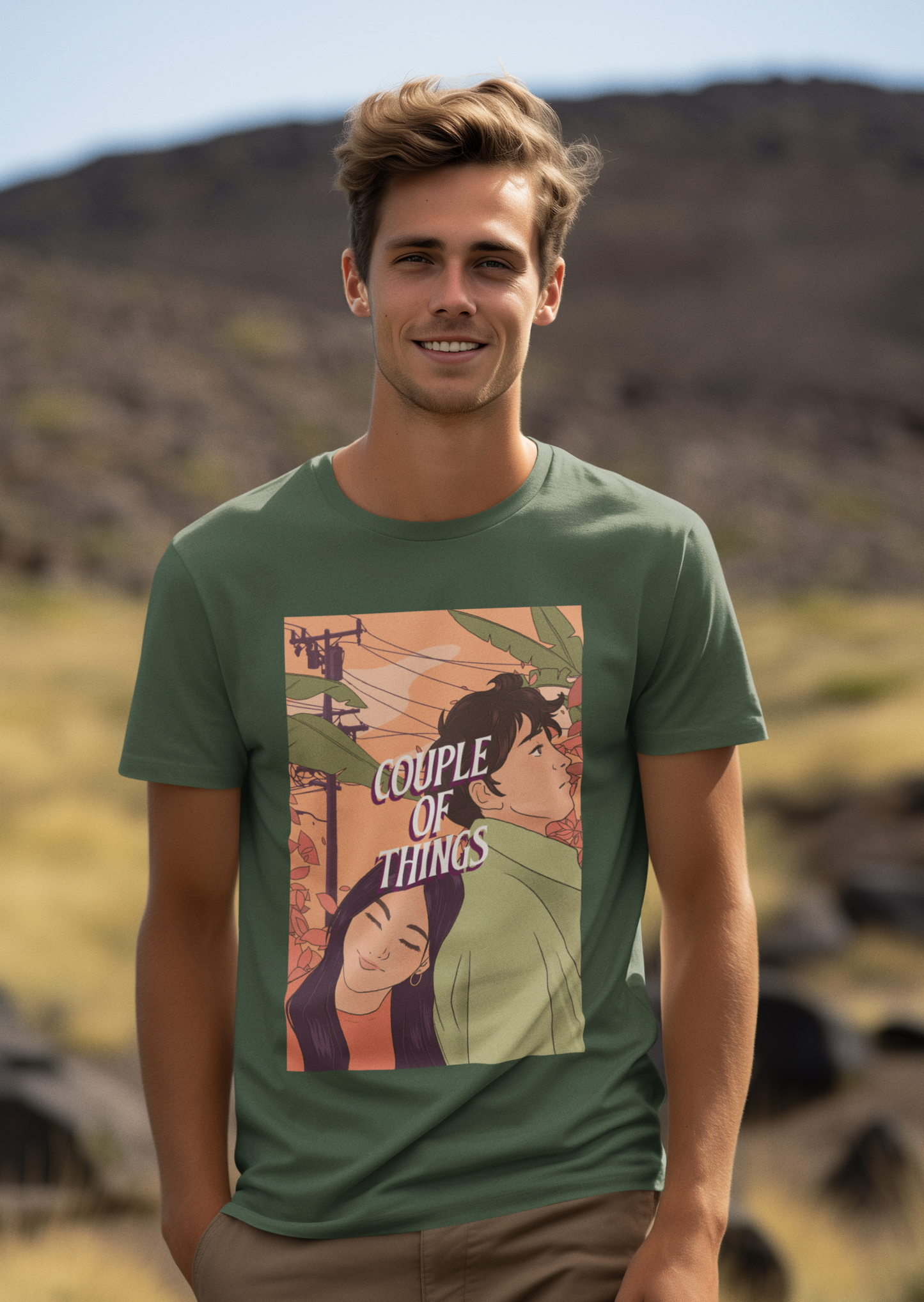 Couple Of Things Anime Olive Green Round Neck T-Shirt For Men | RJ Anmol Collection