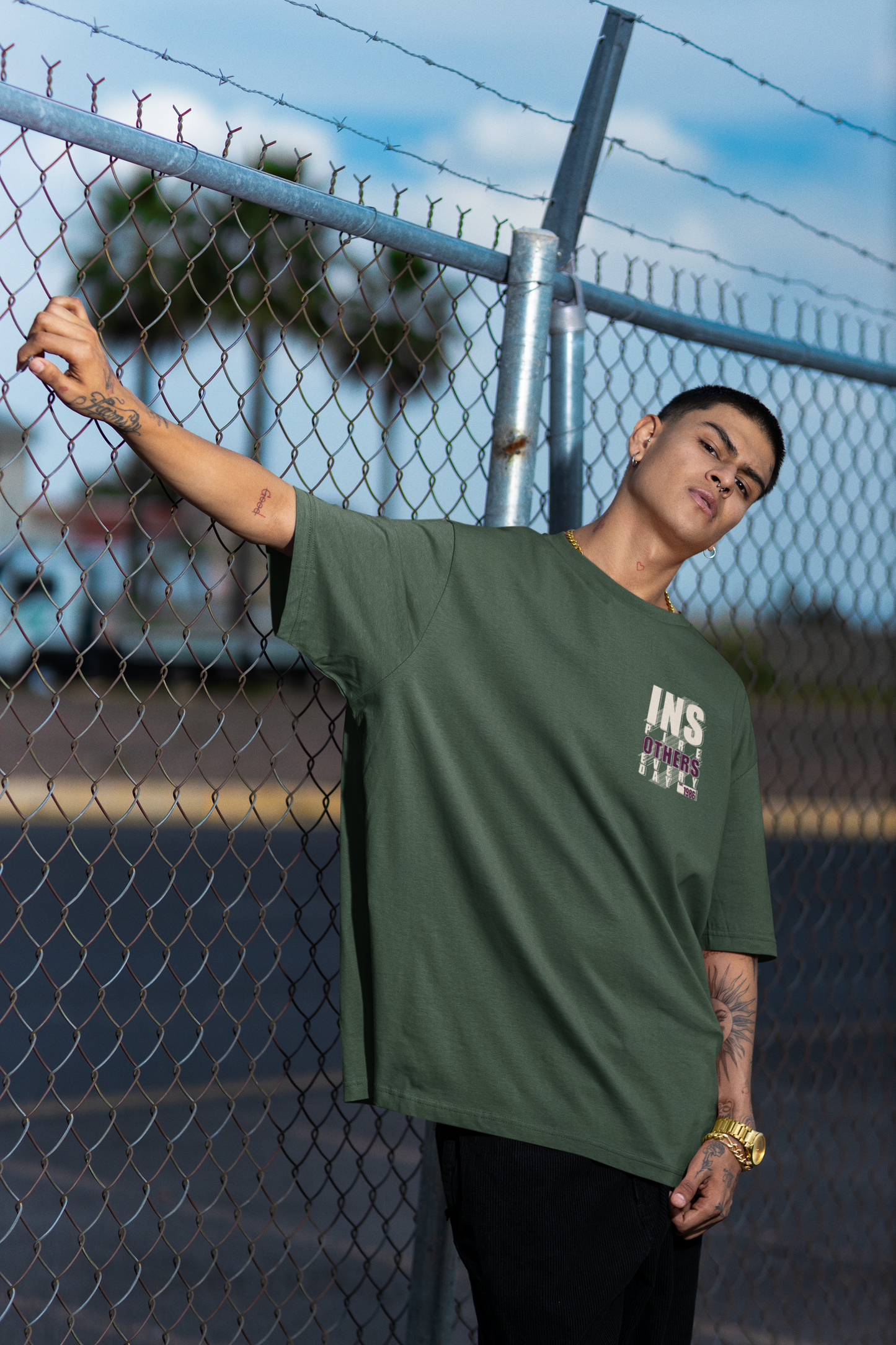 Inspire Others Olive Green Oversized T-Shirt For Men