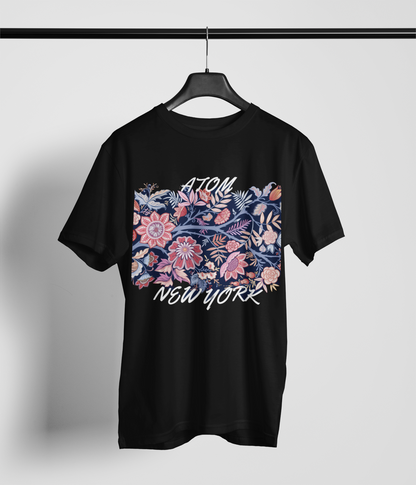 ATOM NEW YORK Signature Flower Bouquet Black T-Shirt For Women