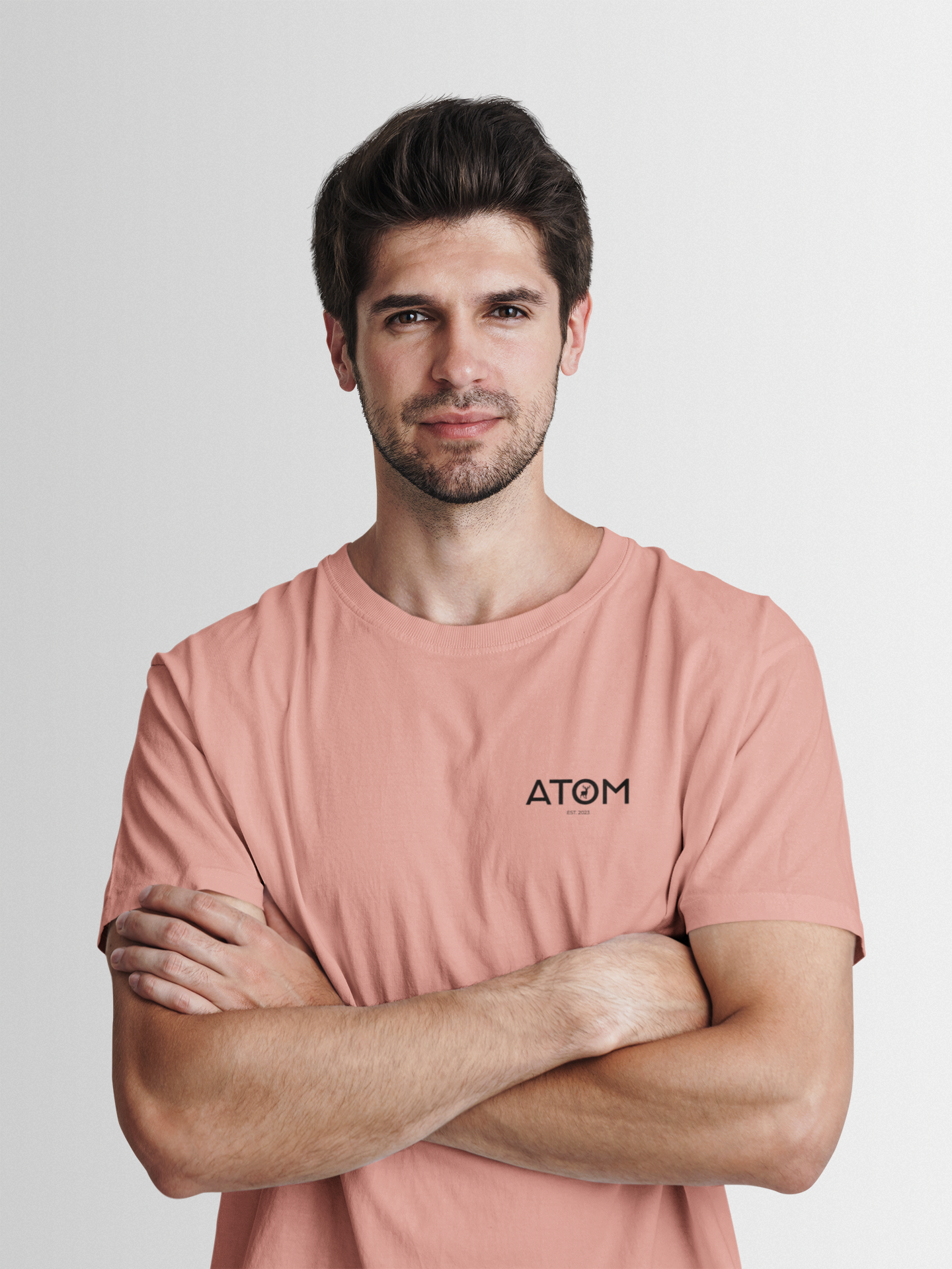 ATOM Logo Basic Peach Round Neck T-Shirt for Men.
