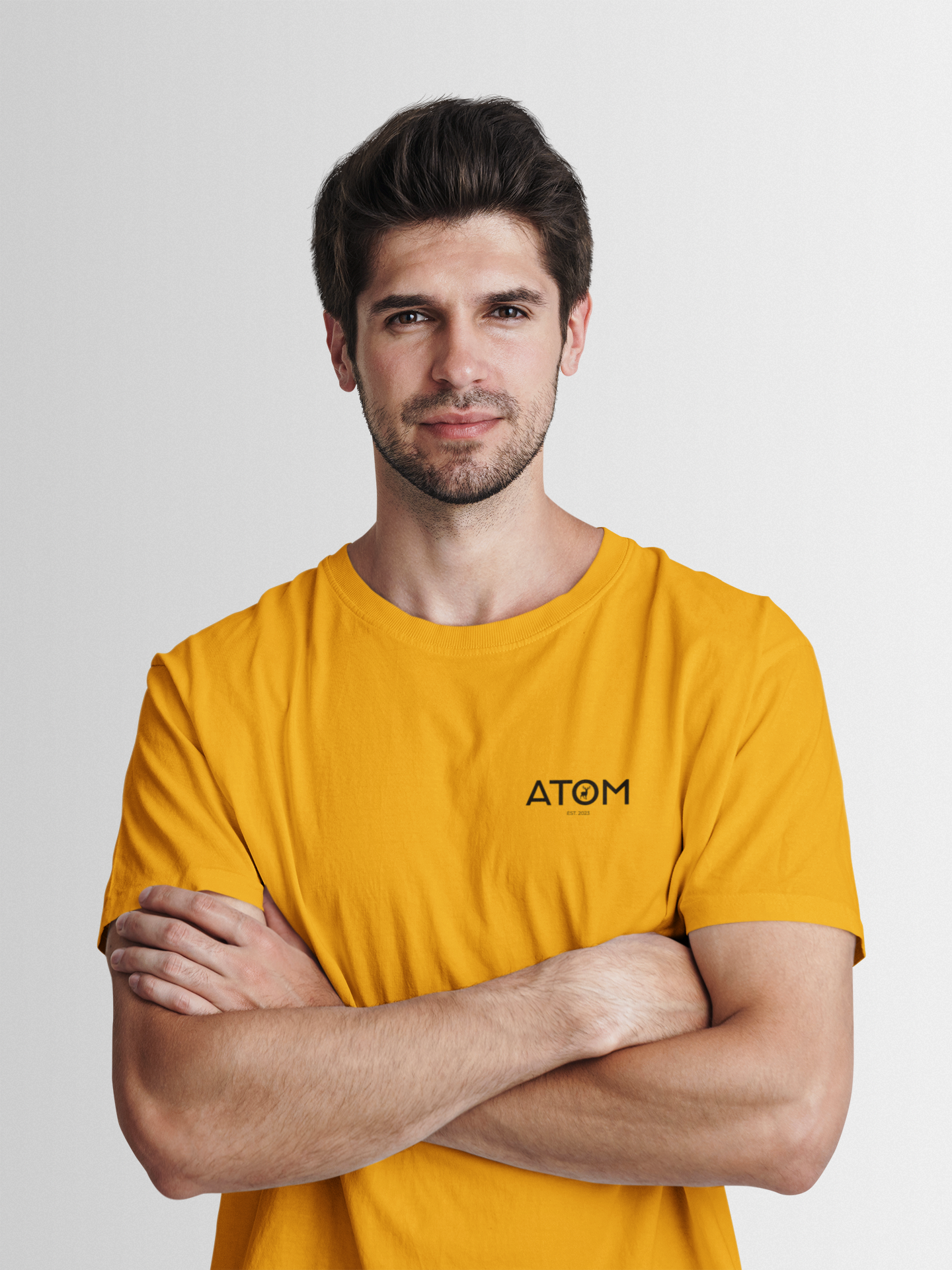 ATOM Logo Basic Mustard Yellow Round Neck T-Shirt for Men.