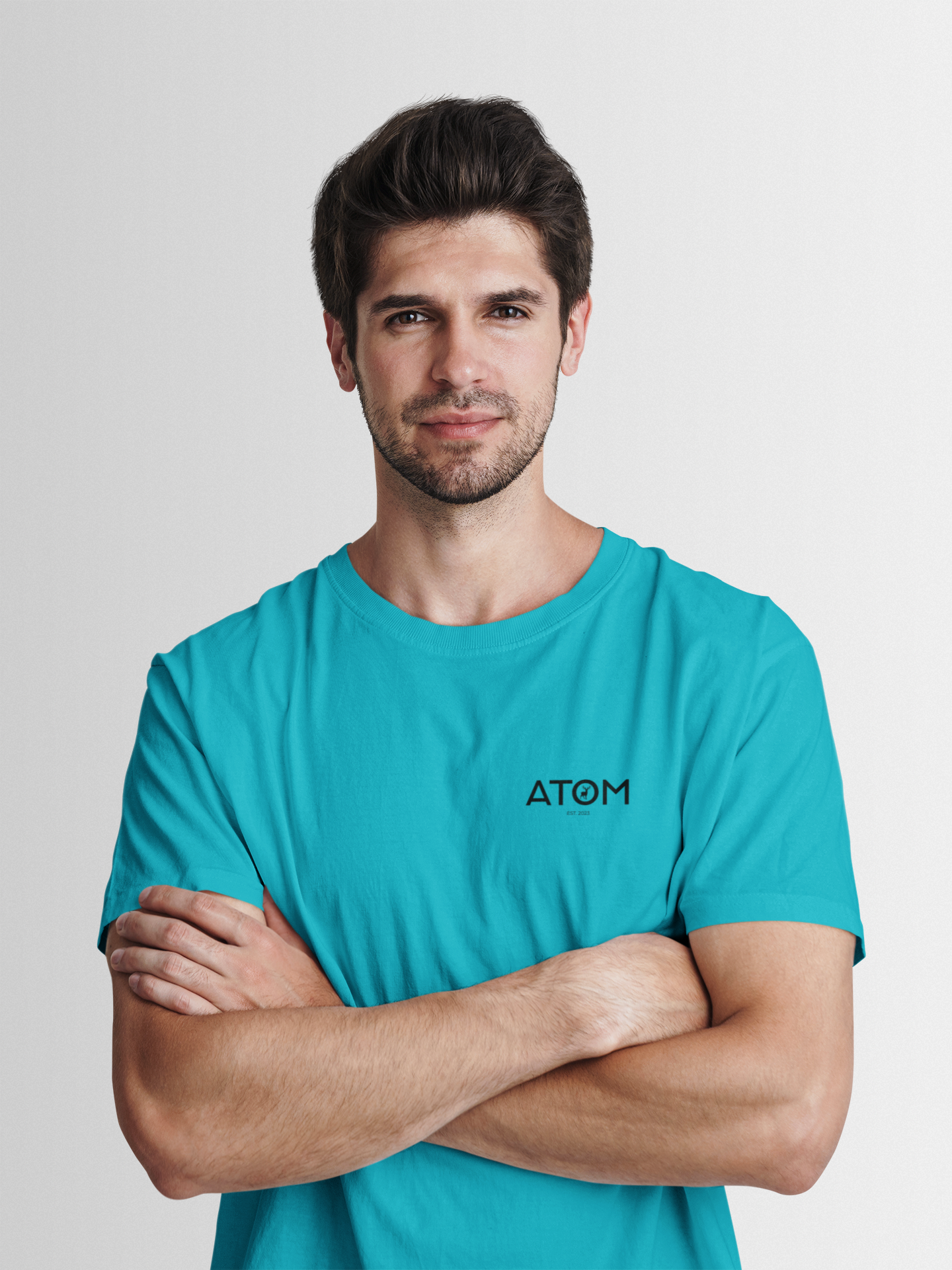 ATOM Logo Basic Aqua Blue Round Neck T-Shirt for Men.