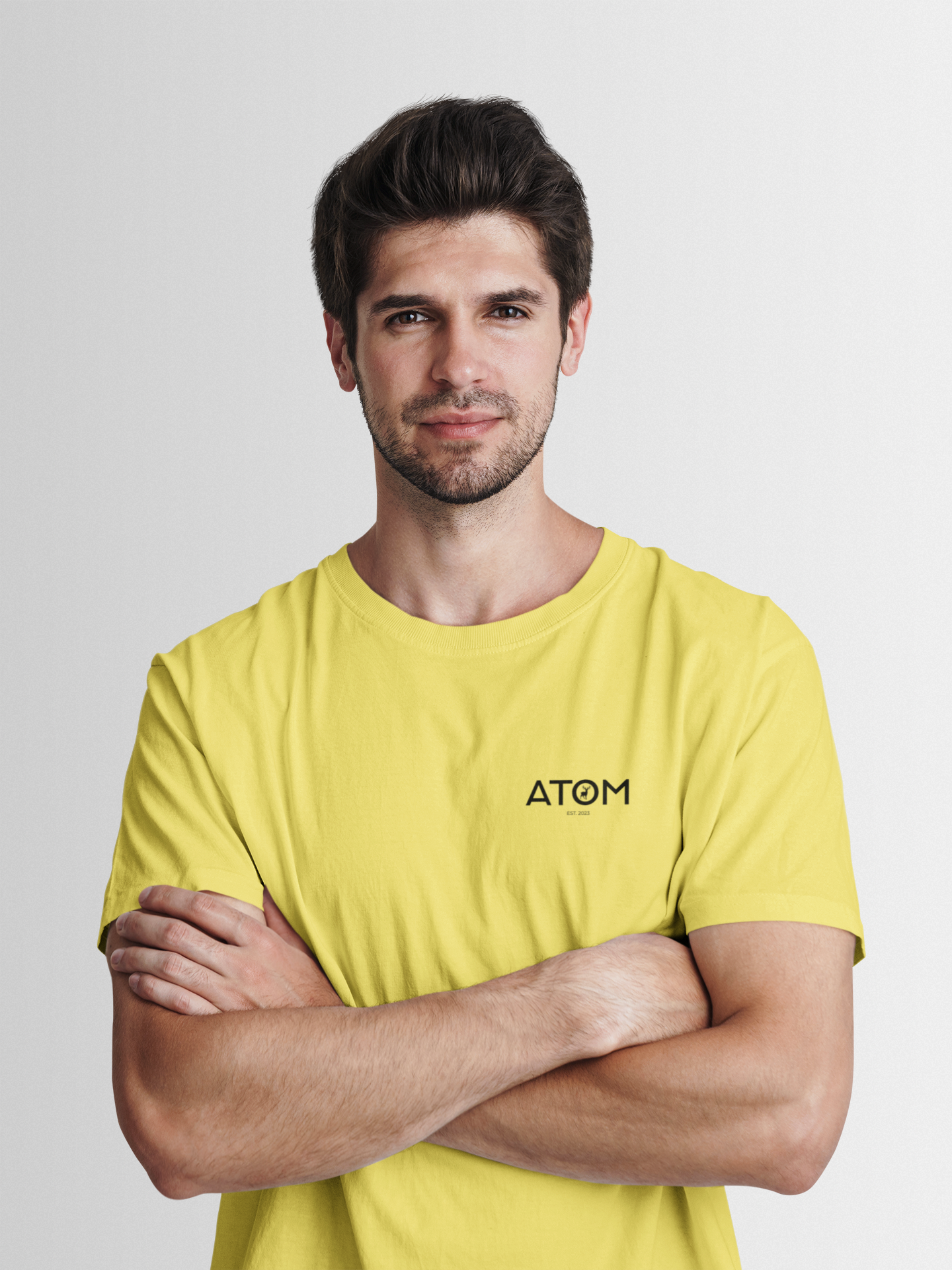 ATOM Logo Basic Lemon Yellow Round Neck T-Shirt for Men.