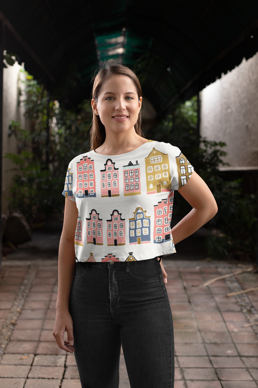 Country Side House Pattern Print Crop Top For Women
