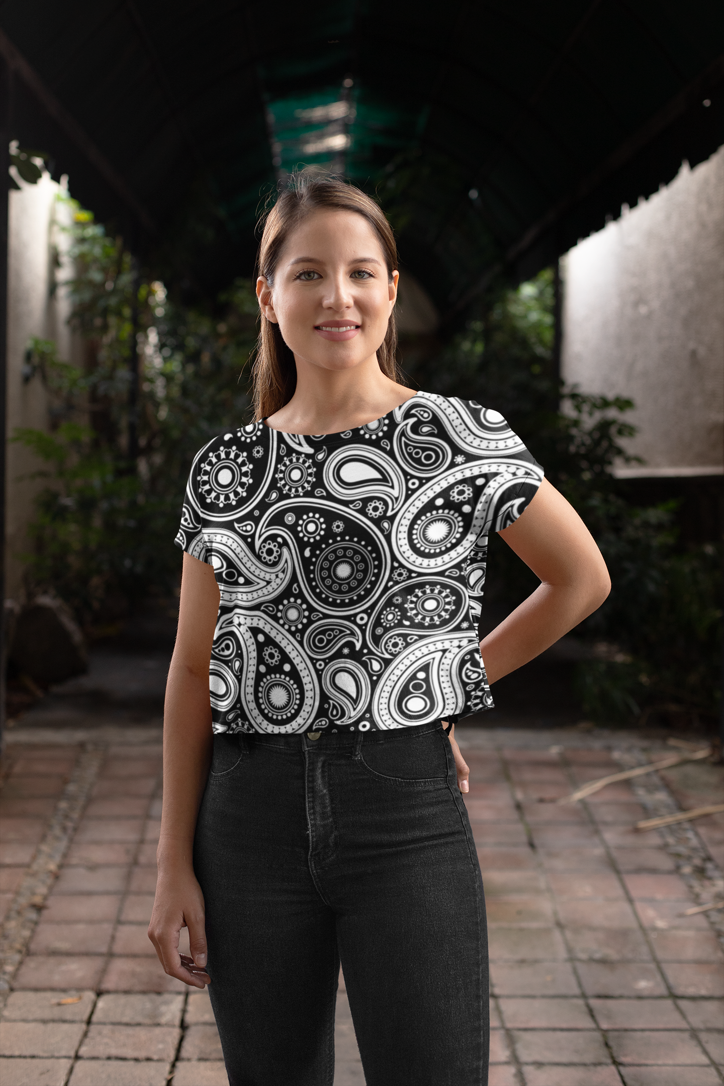 Paisley Print Black And White Crop Top For Women