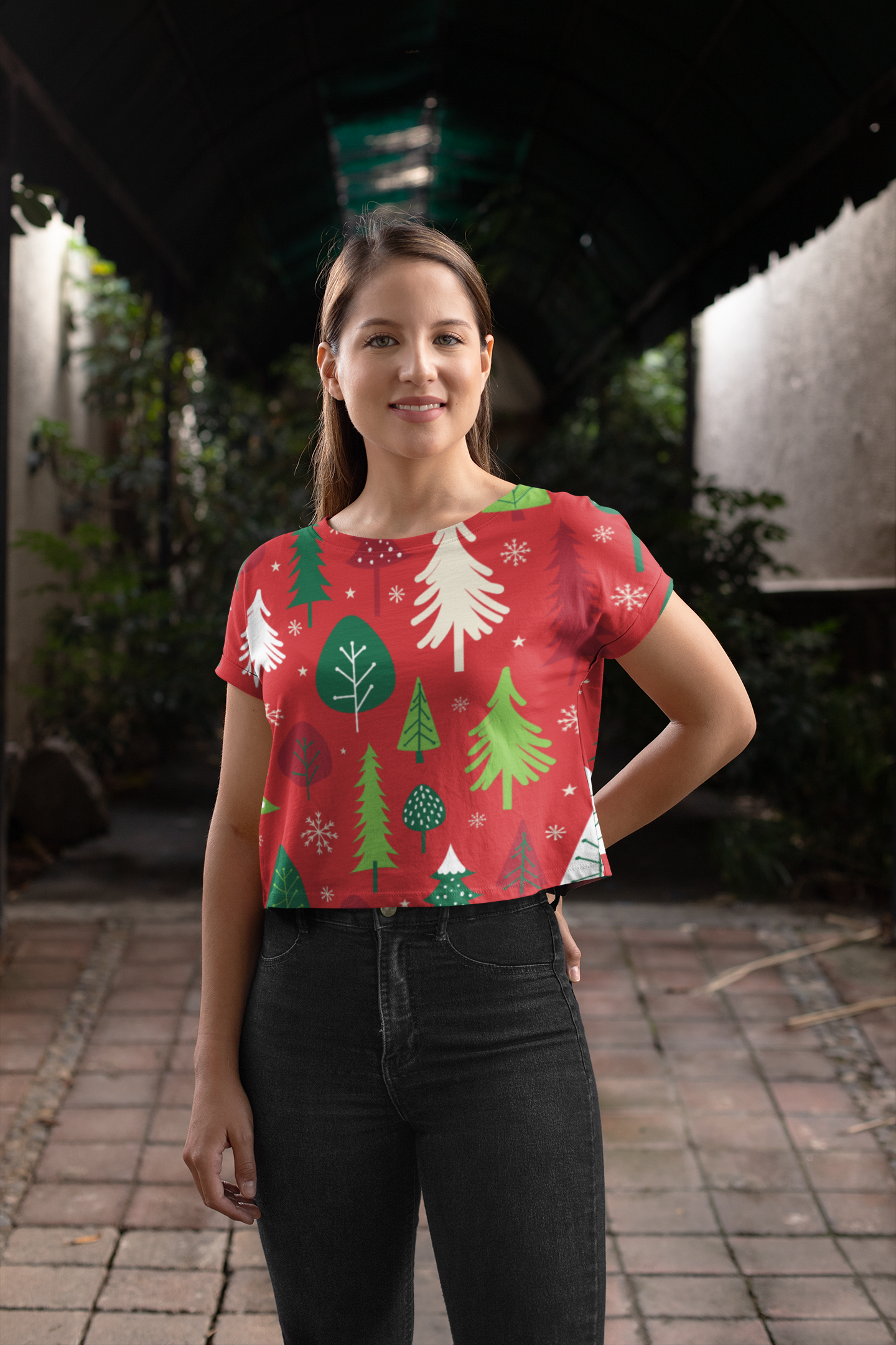 Christmas Trees Red Crop Top For Women