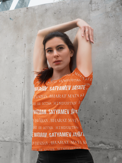 R-Day Special All Over Print Orange T-Shirt For Women