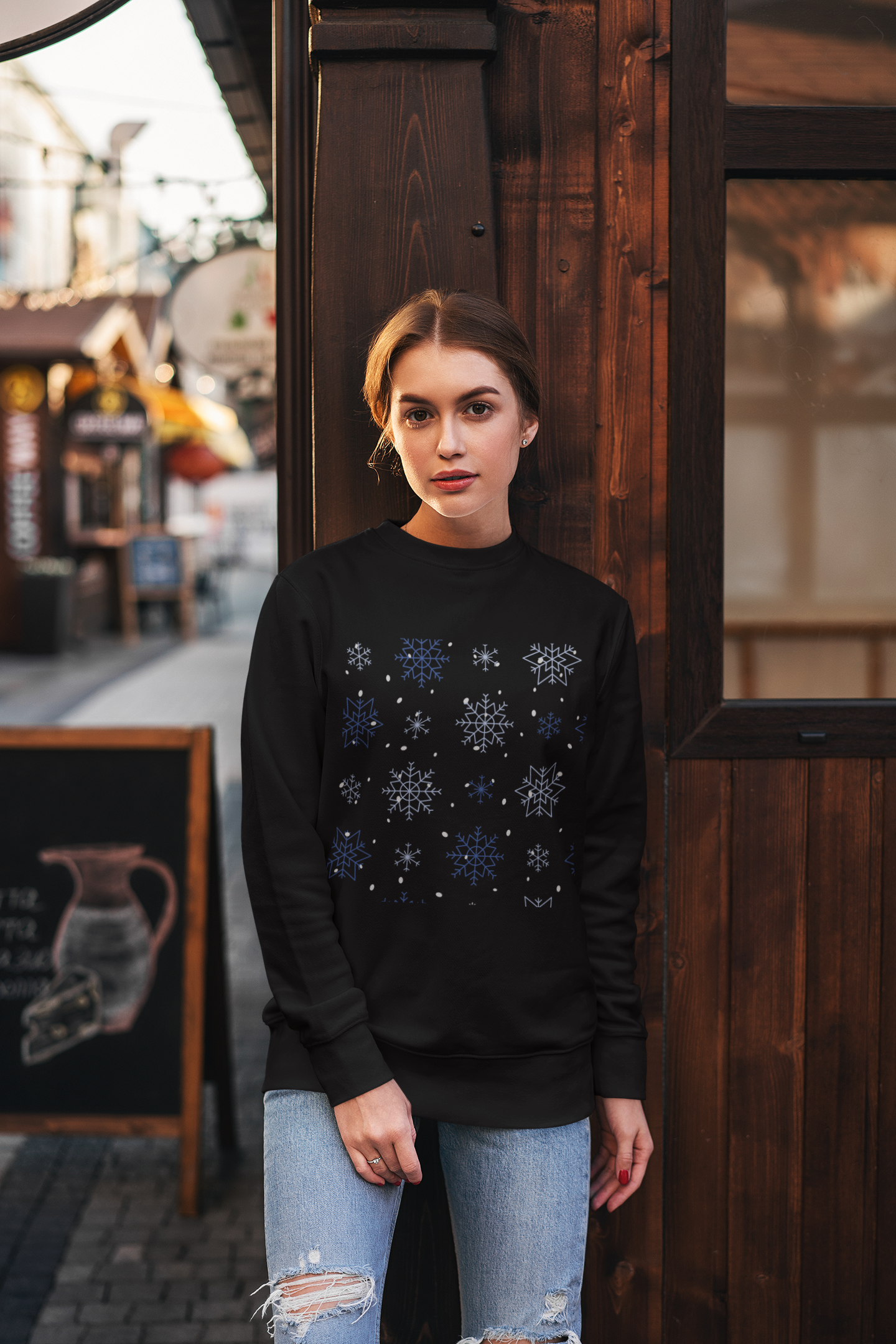 Snow Flakes Black Sweatshirt For Women