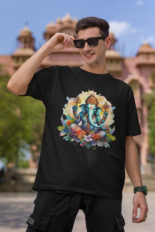 Ganesha Black Oversized Pure Cotton T-Shirt For Men