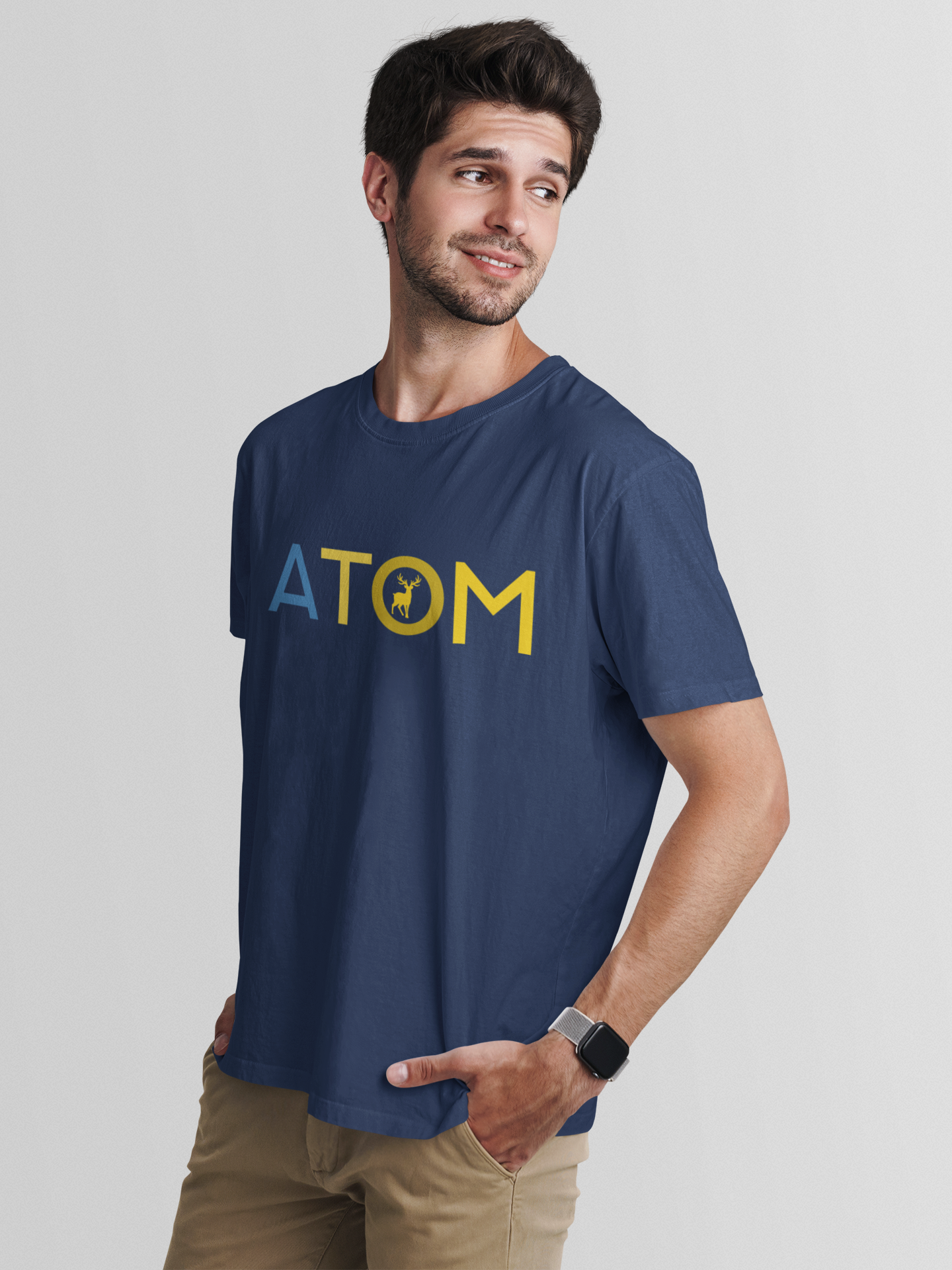ATOM Signature Flat Yellow Icon Navy Blue Round Neck T-Shirt for Men.