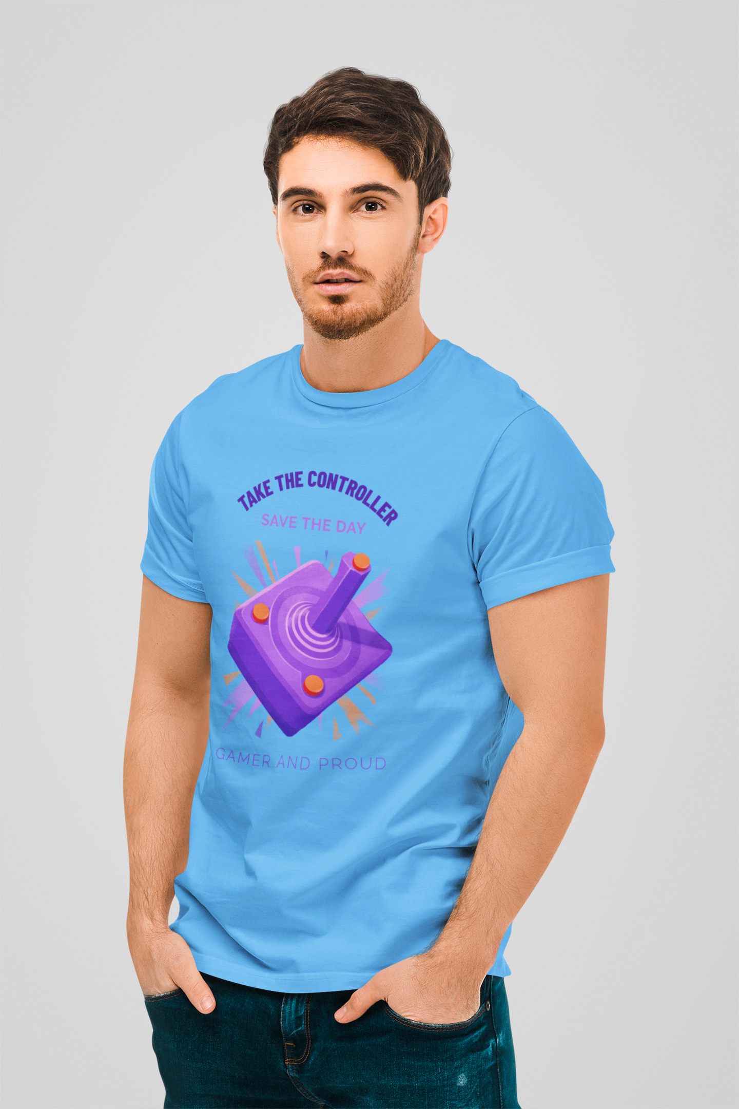Take The Controller Save The Day Sky Blue Round Neck T-Shirt for Men. 
