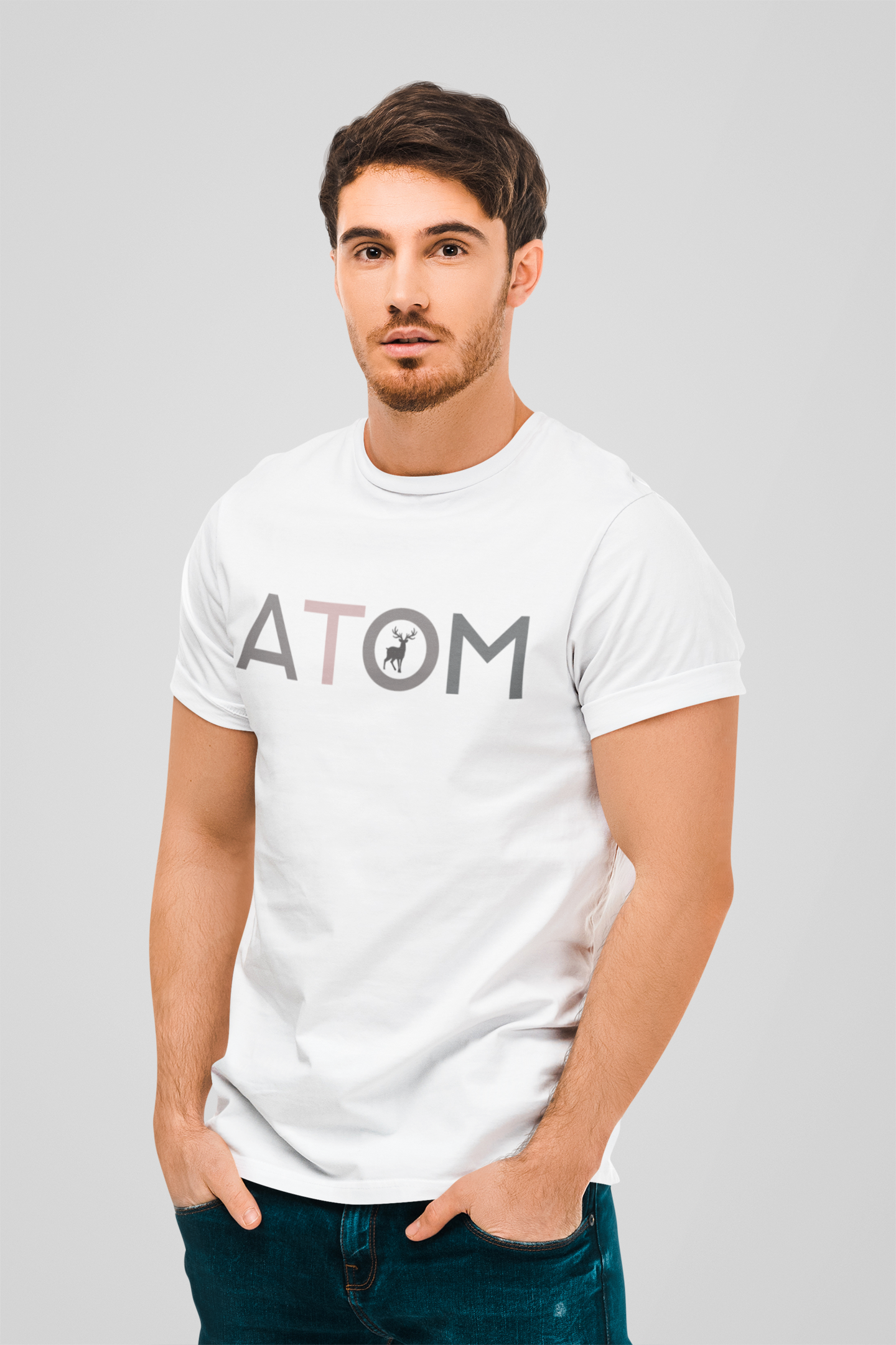 ATOM Signature Flat Grey Icon White Round Neck T-Shirt for Men.
