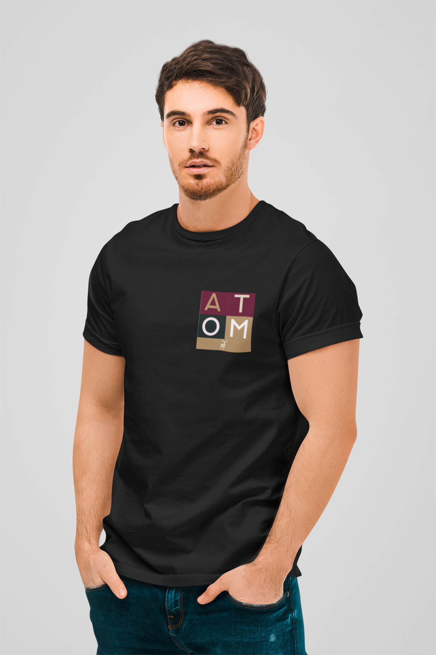 ATOM Signature Maroon Pocket Icon Black Round Neck T-Shirt for Men.