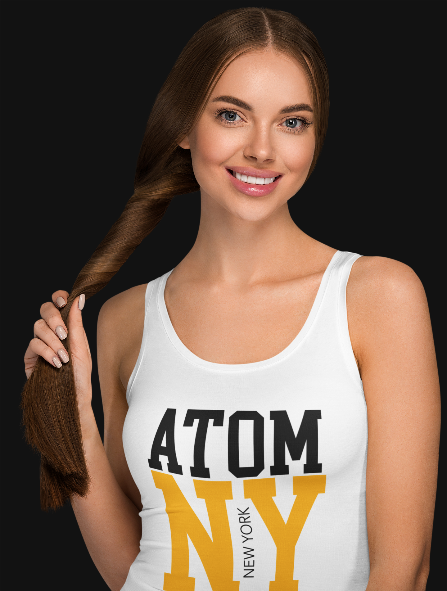 ATOM NY Yellow Font White Tank Top For Women