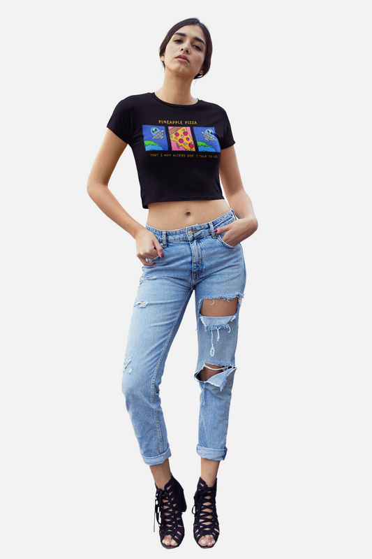 Pineapple Pizza Comic Strip Black Crop Top For Women