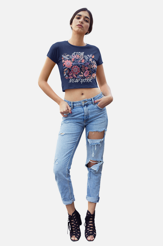 ATOM New York Flower Bouquet Navy Blue Crop Top For Women