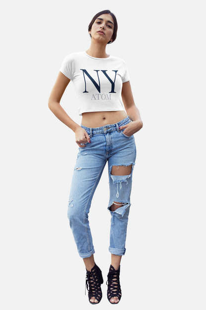 NY ATOM Police Font Navy White Crop Top For Women