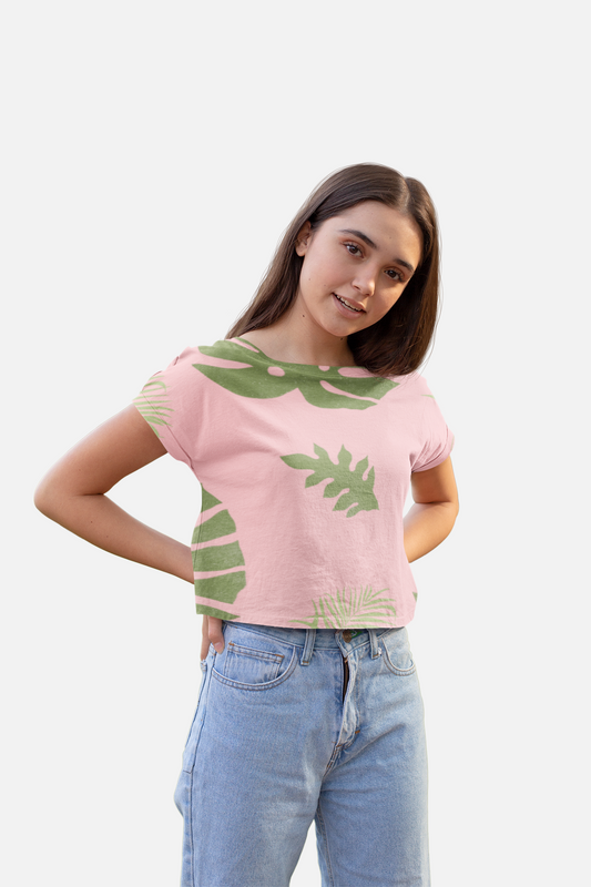 Leaves All Over Print Pink Crop Top For Women