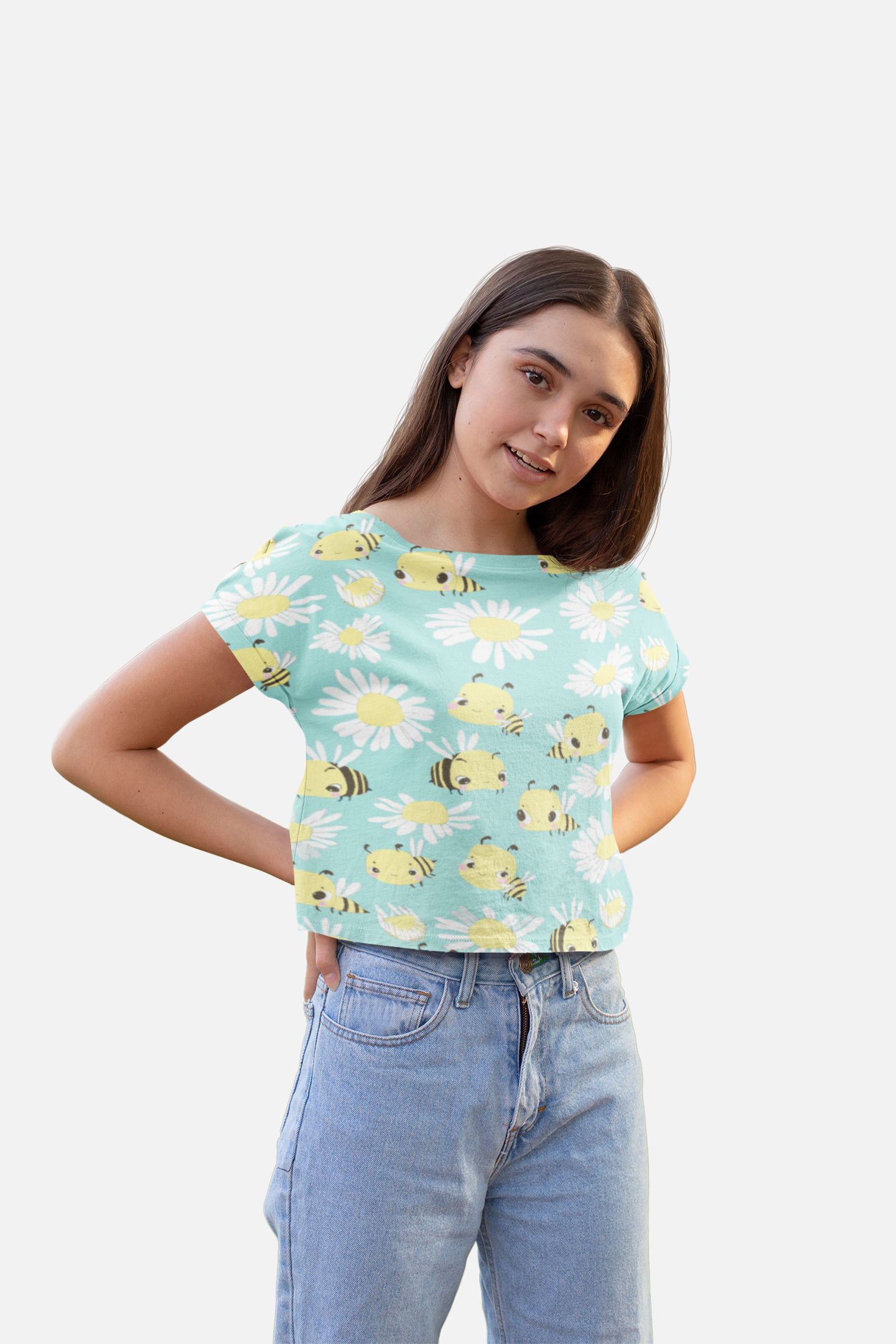 Bees All Over Print Green Crop Top For Women
