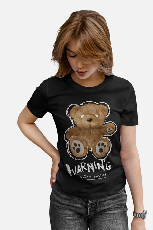 Warning Bear Black T-Shirt For Women