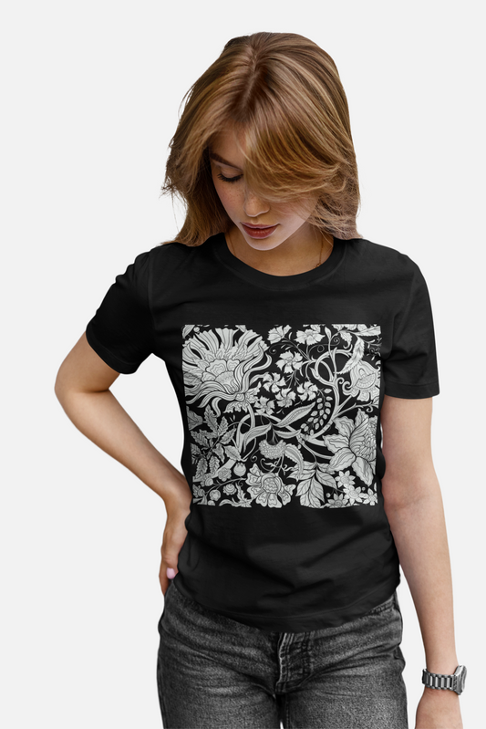 Black And White Flower Pattern T-Shirt For Women