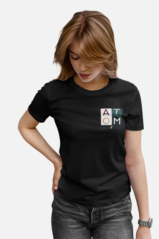 ATOM Signature Pocket Square Logo Black T-Shirt for Women. 