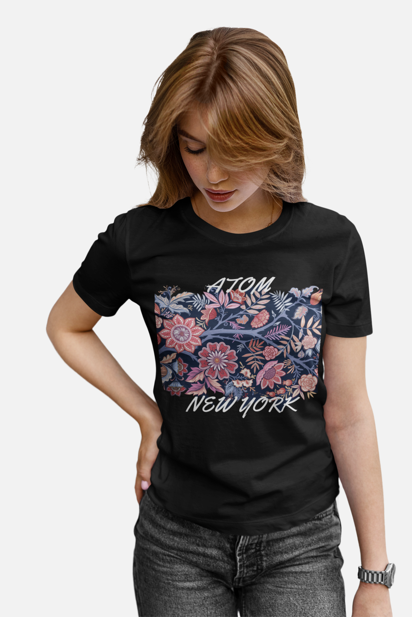 ATOM NEW YORK Signature Flower Bouquet Black T-Shirt For Women
