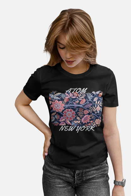 ATOM NEW YORK Signature Flower Bouquet Black T-Shirt For Women