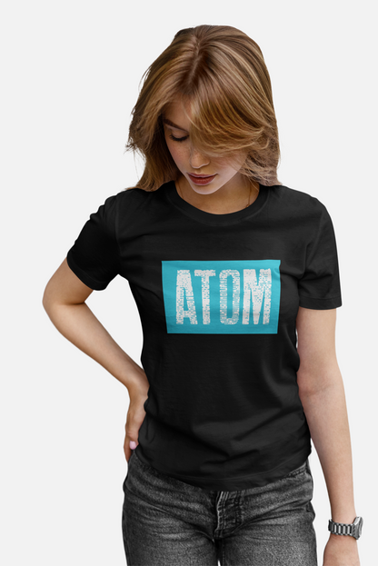 ATOM Signature Blue BG Black T-Shirt for Women. 