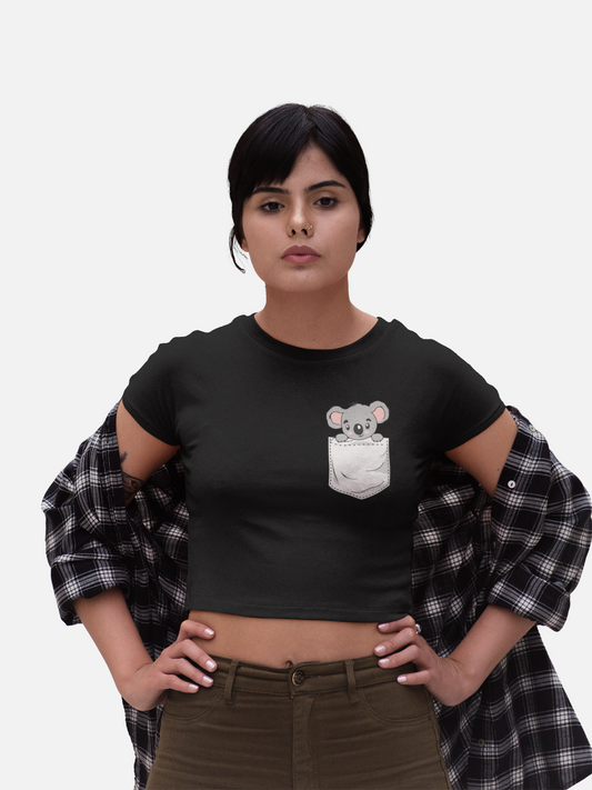 Cute Koala Pocket Animal Black Crop Top For Women