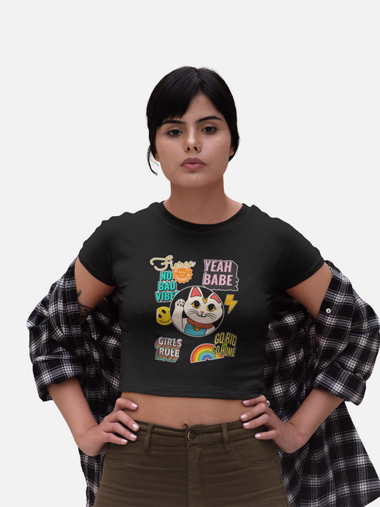 Yeah Babe Sticker Print Black Crop Top For Women