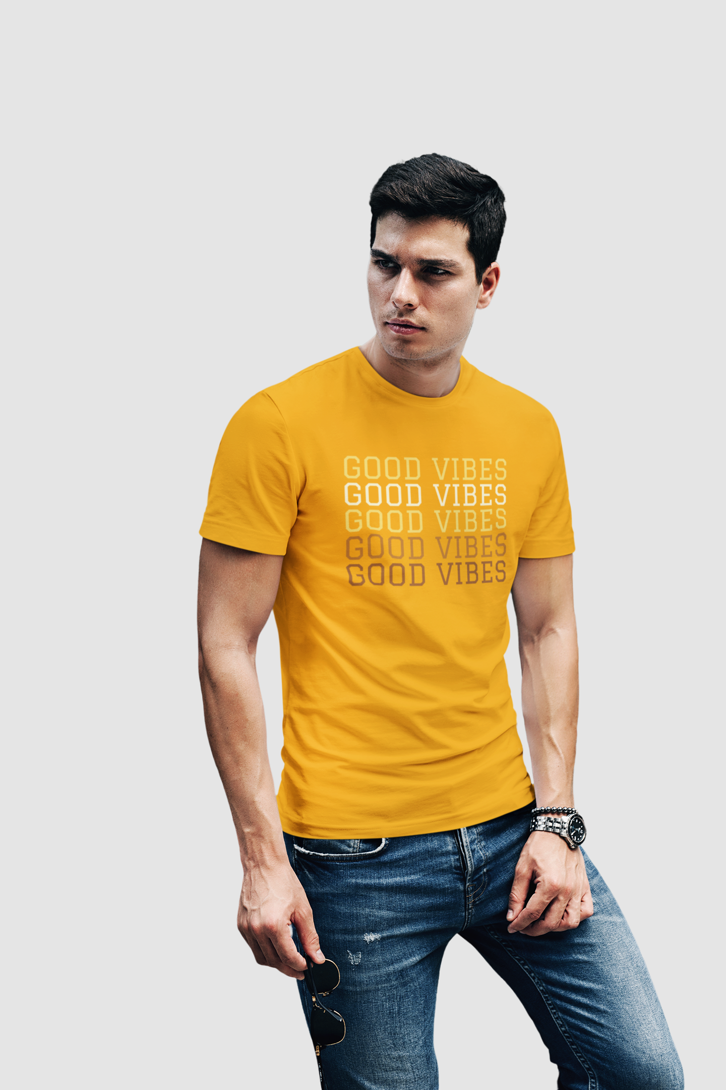Good Vibes Only Mustard Yellow Round Neck T-Shirt for Men. 