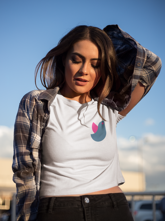 Pink Wings Bird White Round Neck Crop Top for Women. 