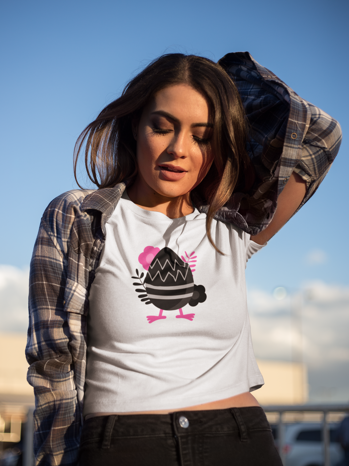 Black Easter Egg White Round Neck T-Shirt for Women. 