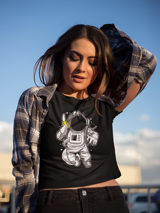 Astronaut With Banana Black Crop Top For Women. 