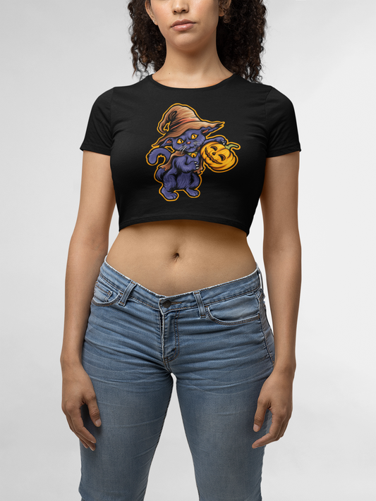 Halloween Cat Black Crop Top For Women. 