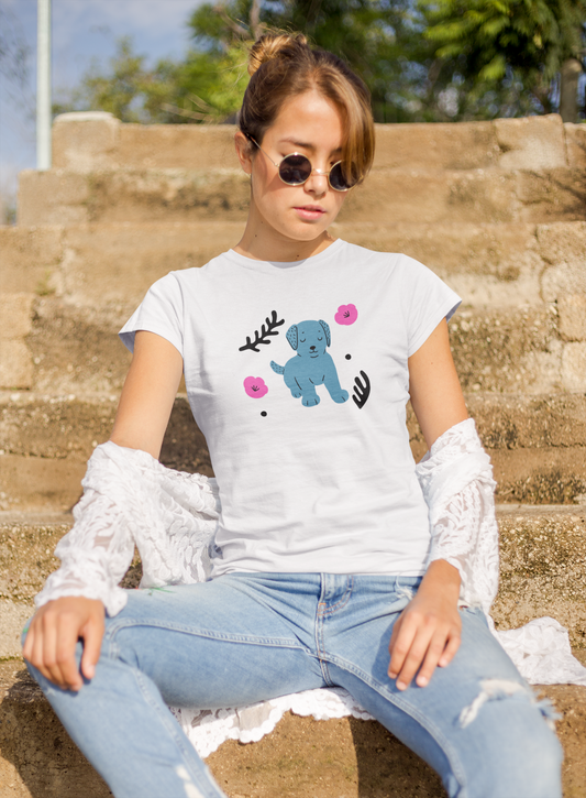 Blue Dog White Round Neck T-Shirt for Women. 