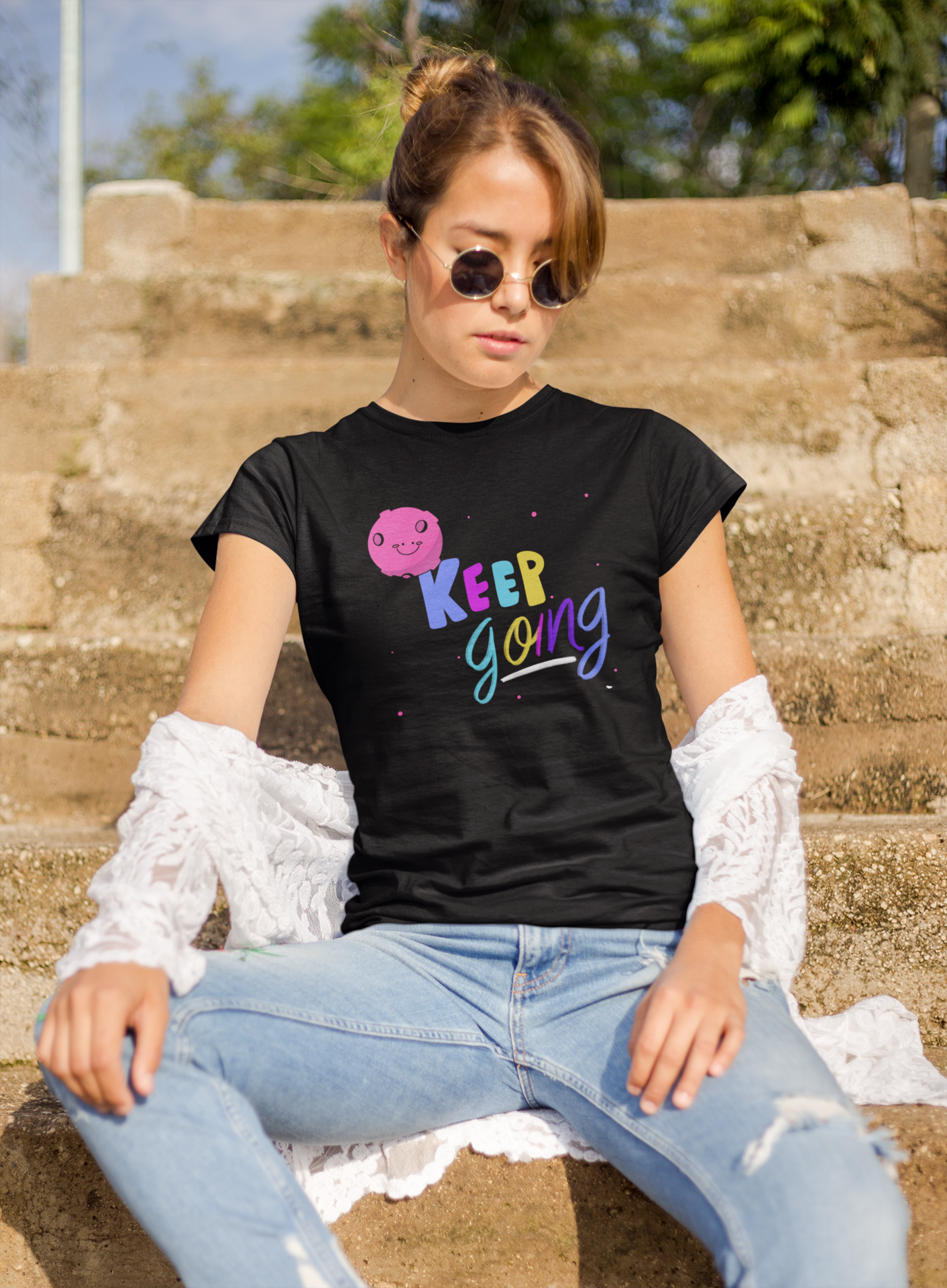 Keep Going Black Round Neck T-Shirt for Women. 