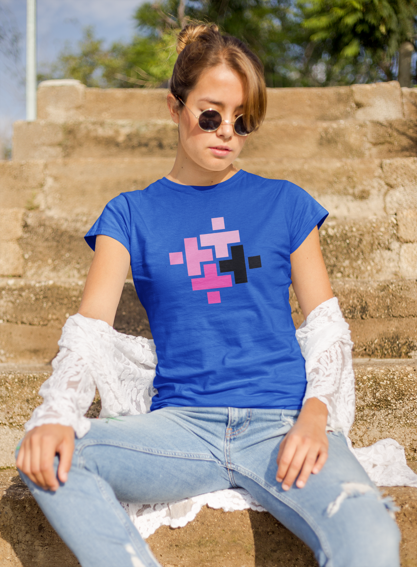 Abstract Art Royal Blue Round Neck T-Shirt for Women. 