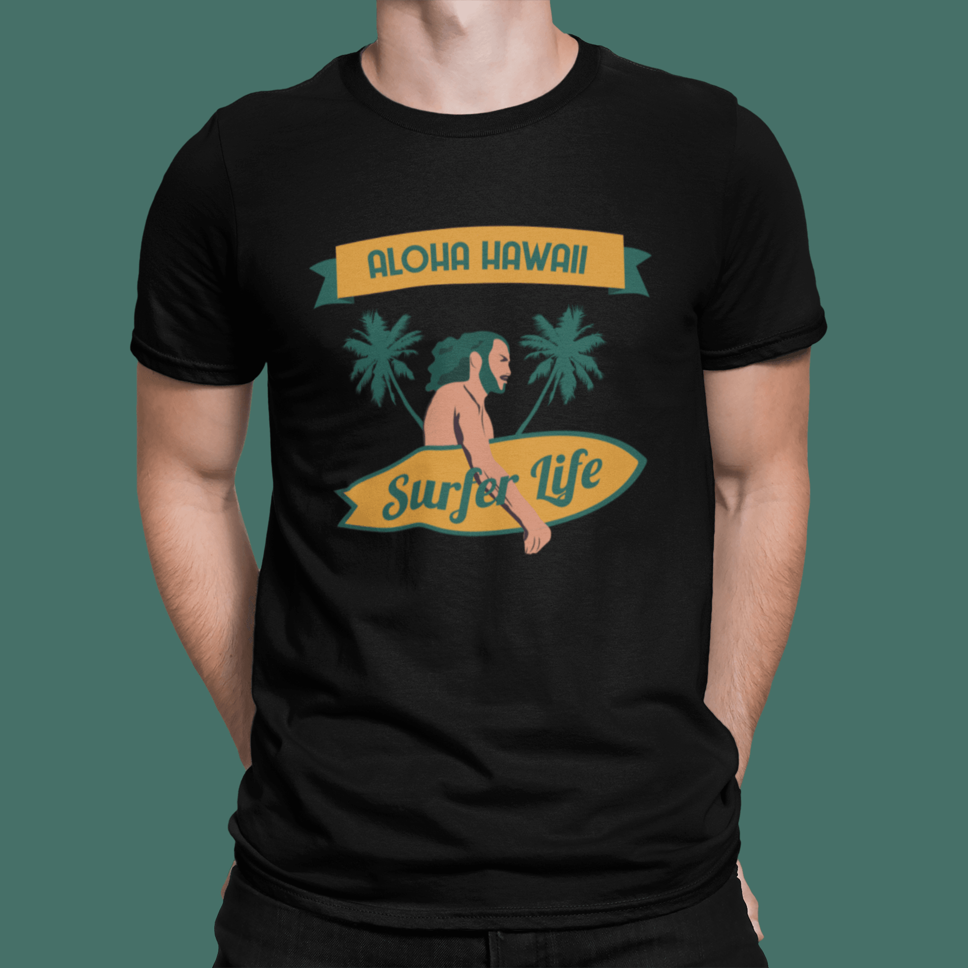 Aloha Hawaii Surfer Life Black T-Shirt For Men - ATOM