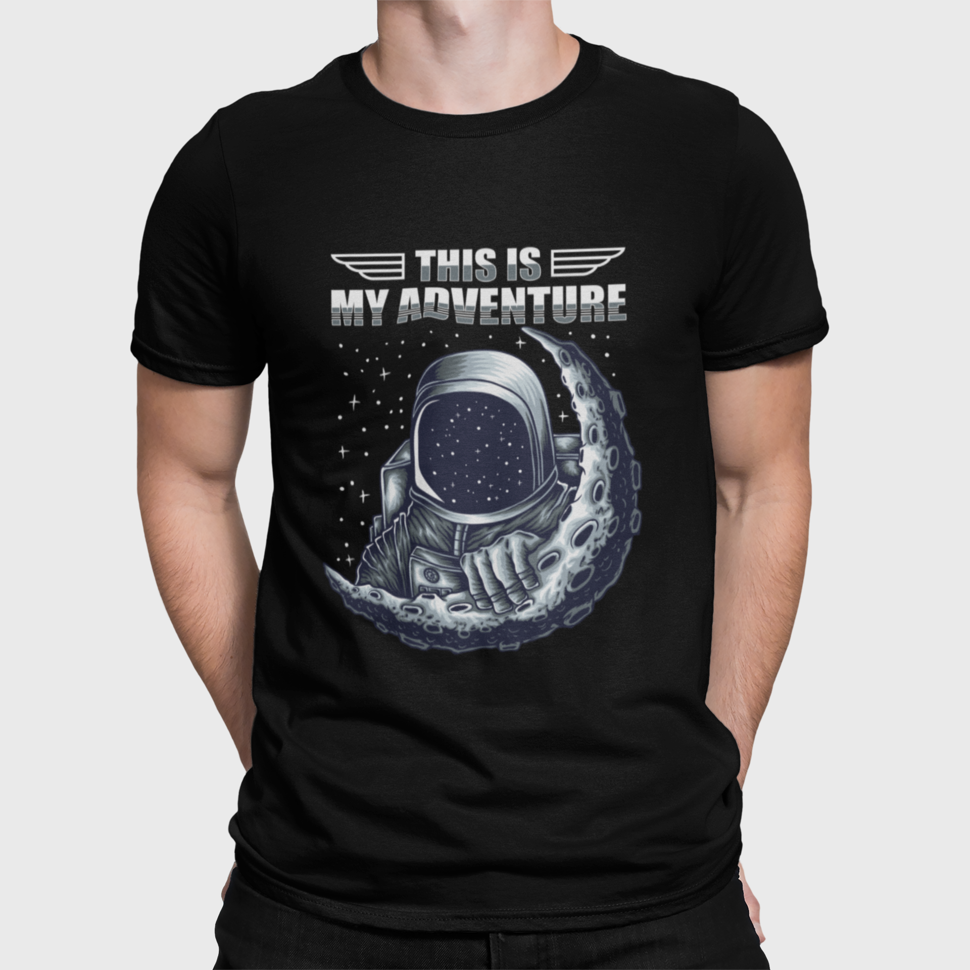 Astronaut Adventure Black Round Neck T-Shirt for Men.