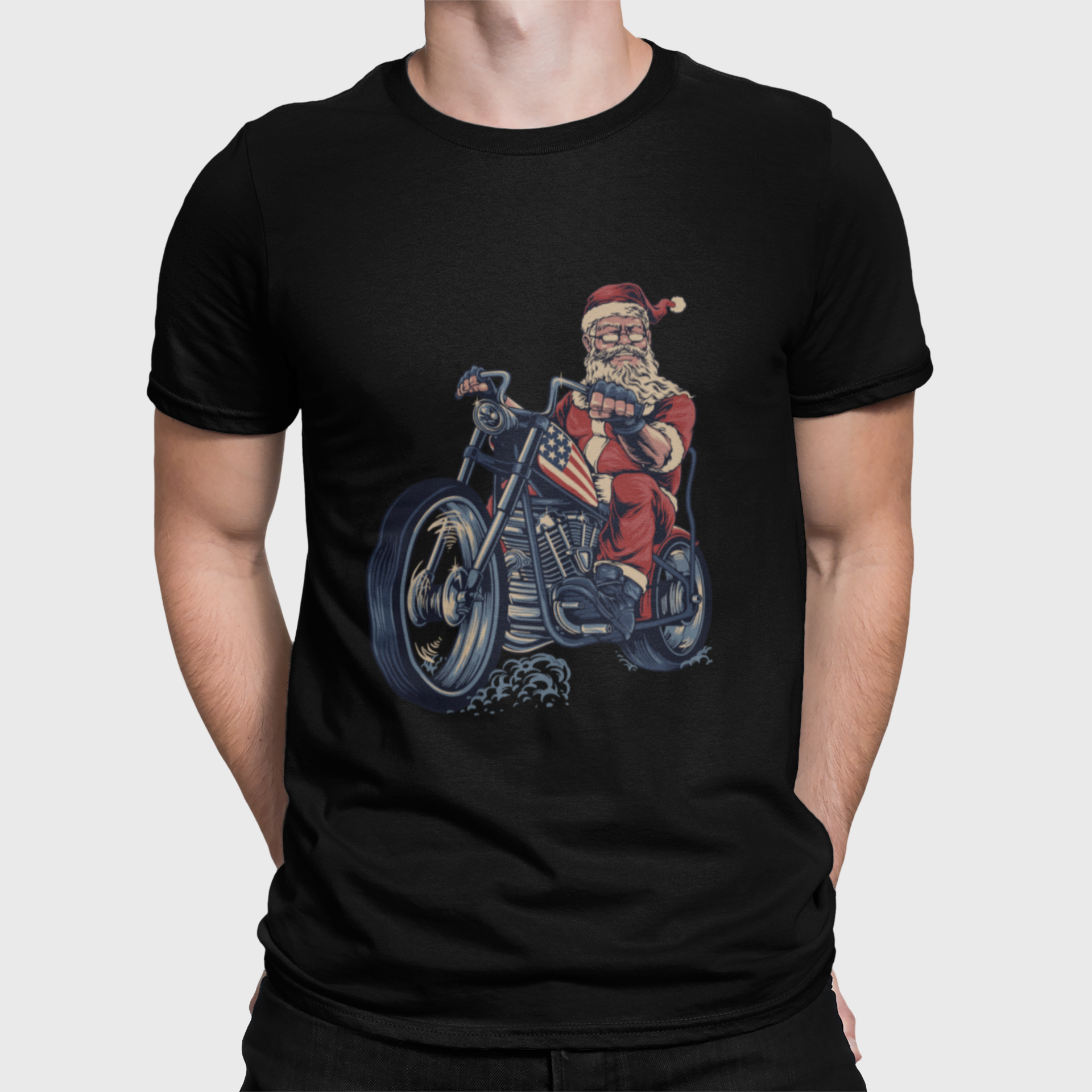 Riding Santa Black Round Neck T-Shirt for Men.