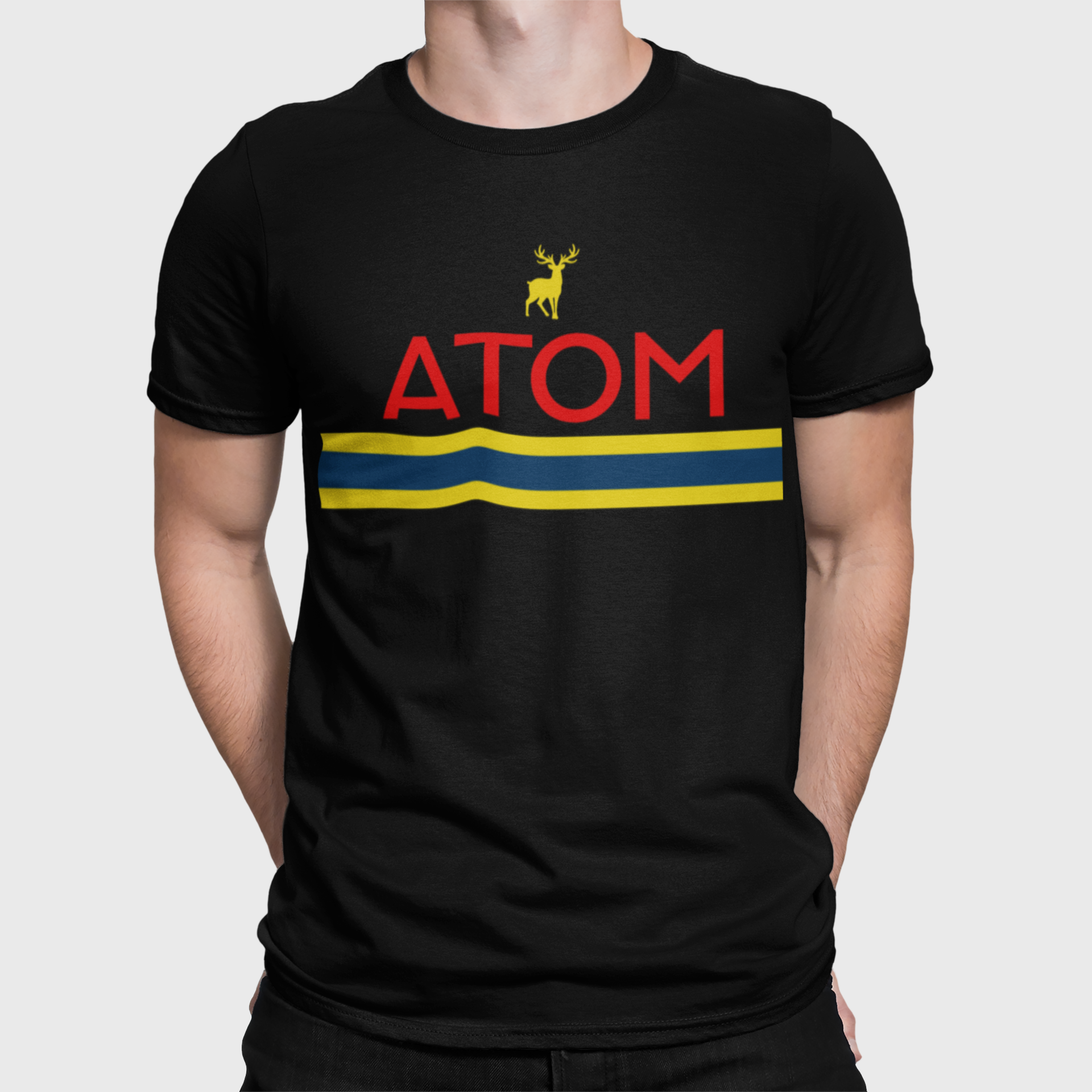 ATOM Signature Stripe Black Round Neck T-Shirt for Men.