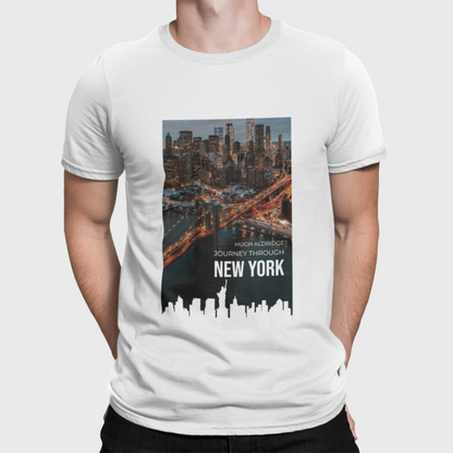 Journey Through New York White Round Neck T-Shirt for Men. 