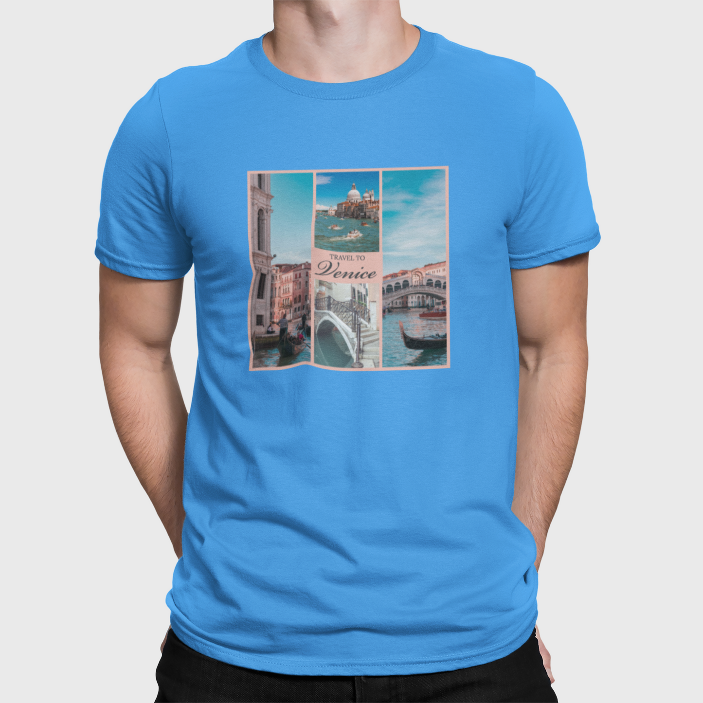 Travel To Venice Sky Blue Round Neck T-Shirt for Men. 