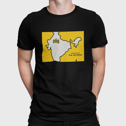 Greetings From The Taj Mahal Black Round Neck T-Shirt for Men. 